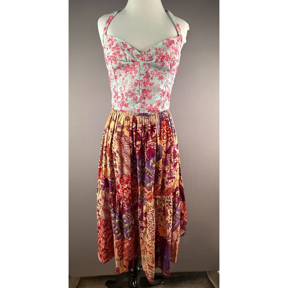 Vtg Anthropologie Le Shack Tracy Feith Halter Dress Women 6 Mixed Print Boho HTF